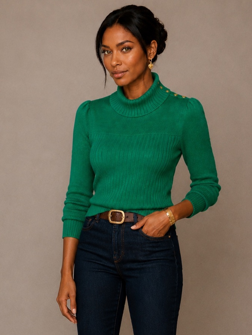 Vintage St John Ribbed Turtleneck Sweater Kelly Green Gold Button Size Small - Picture 2 of 15